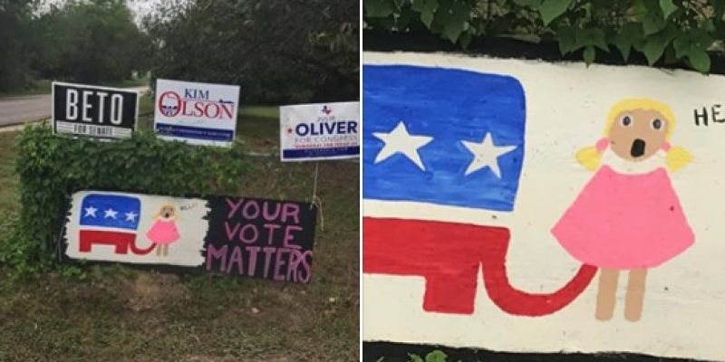 Texas police confiscate yard sign depicting GOP elephant with trunk up girl’s skirt
